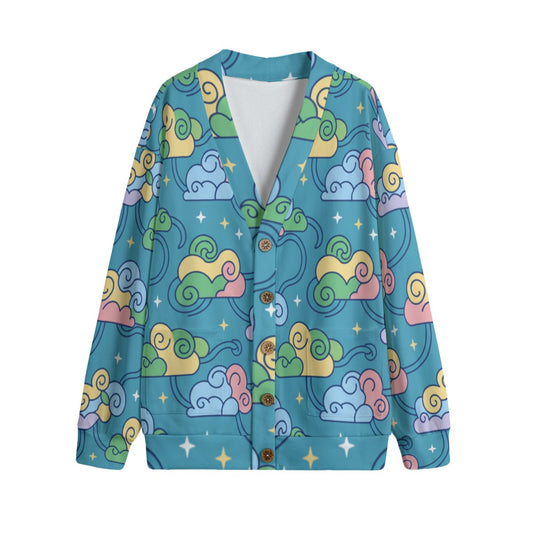 Unisex V-neck Knitted Fleece Cardigan With Button Closure