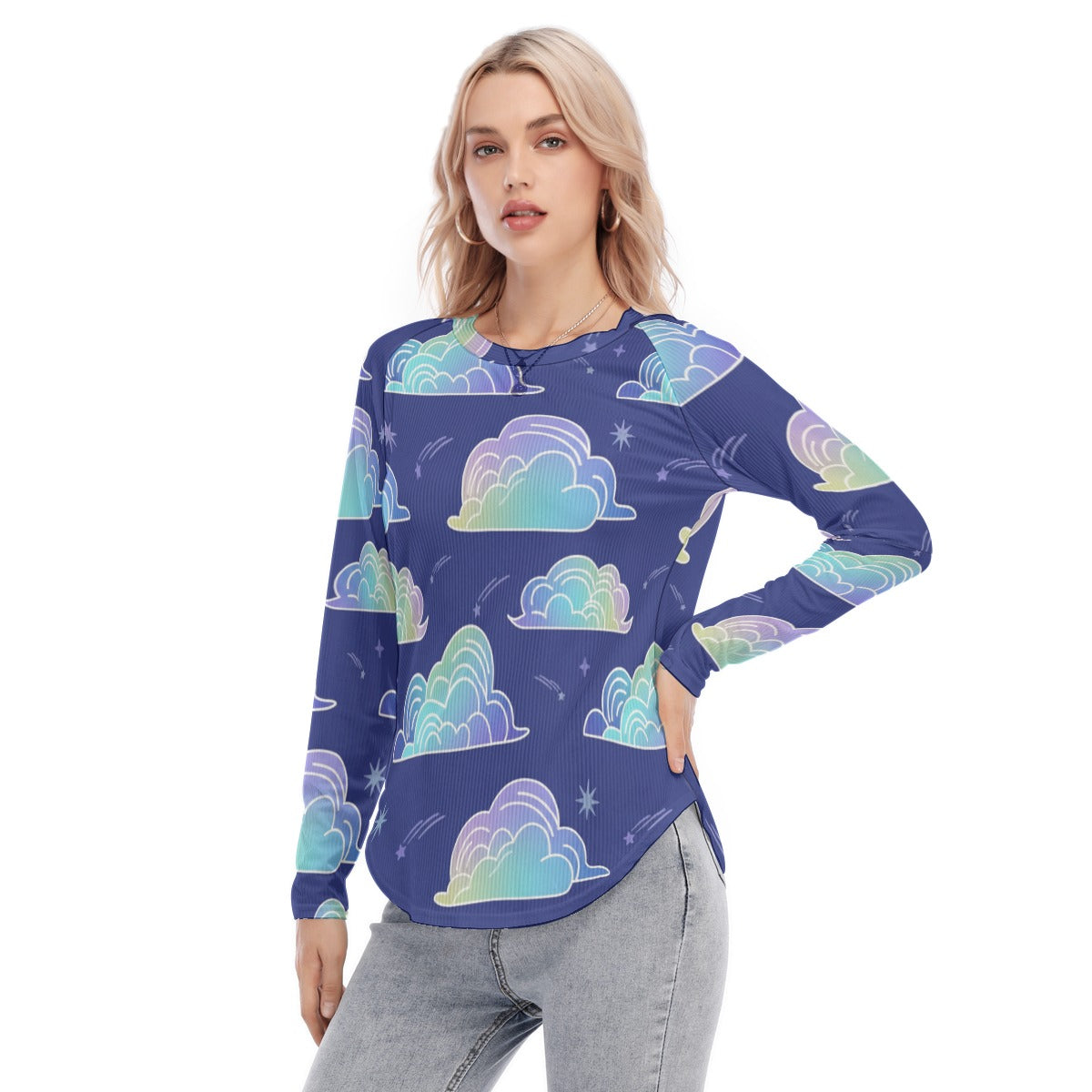 Women's Raglan Sleeves U-Shaped Hem Long Sleeves Blouse