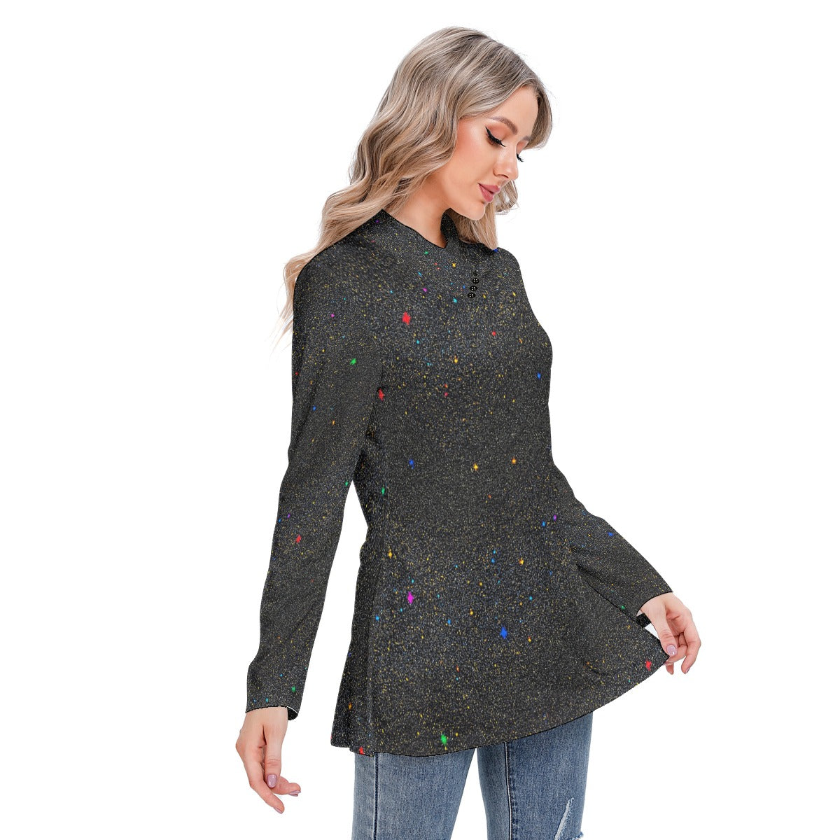 Women's Long-sleeved Heap-neck Slim Casual Tunic Blouse
