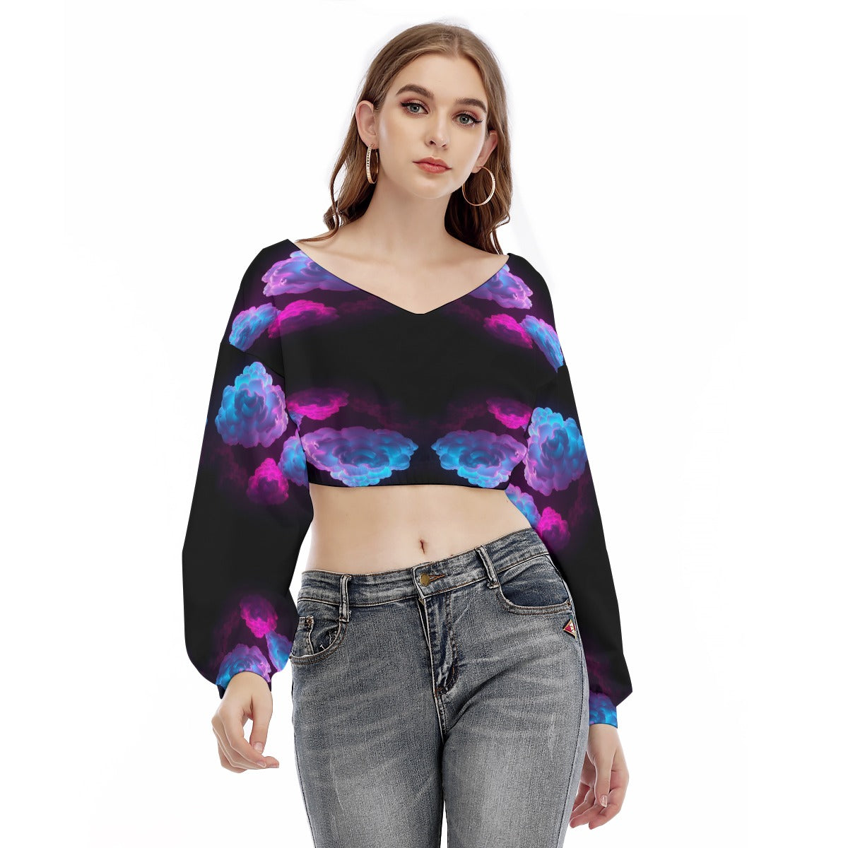 Women's V-neck Long Sleeve Cropped Sweatshirt