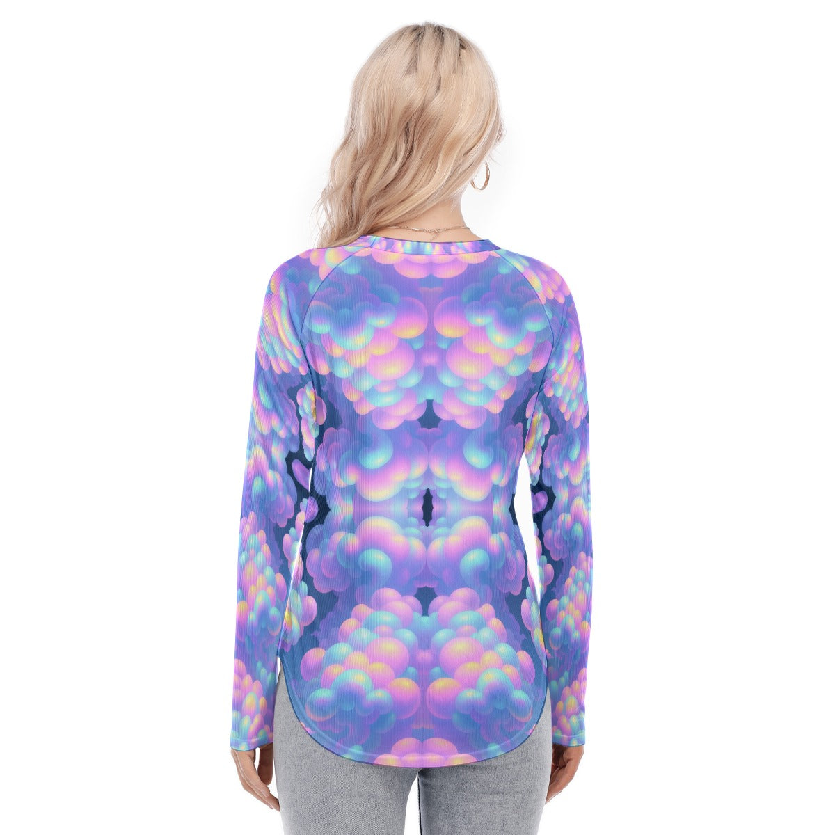 Women's Raglan Sleeves U-Shaped Hem Long Sleeves Blouse