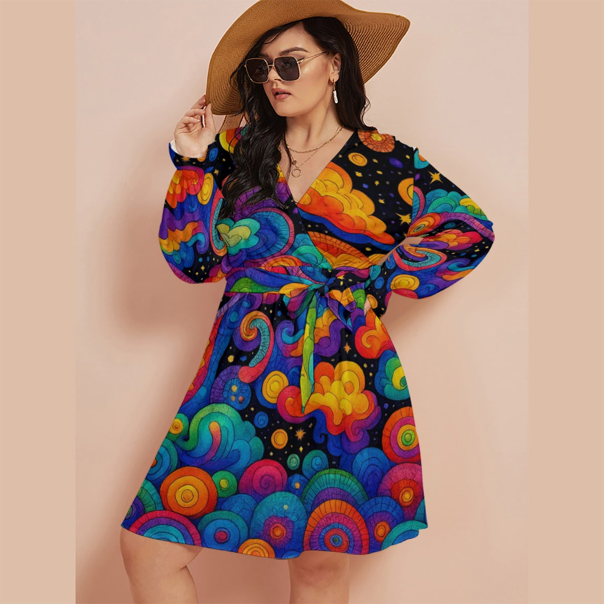 Women's V-neck Dress With Waistband(Plus Size)