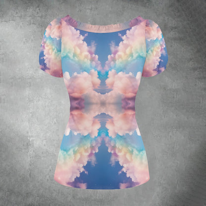 All-over print Women's Puff Sleeve Pleated Shirt
