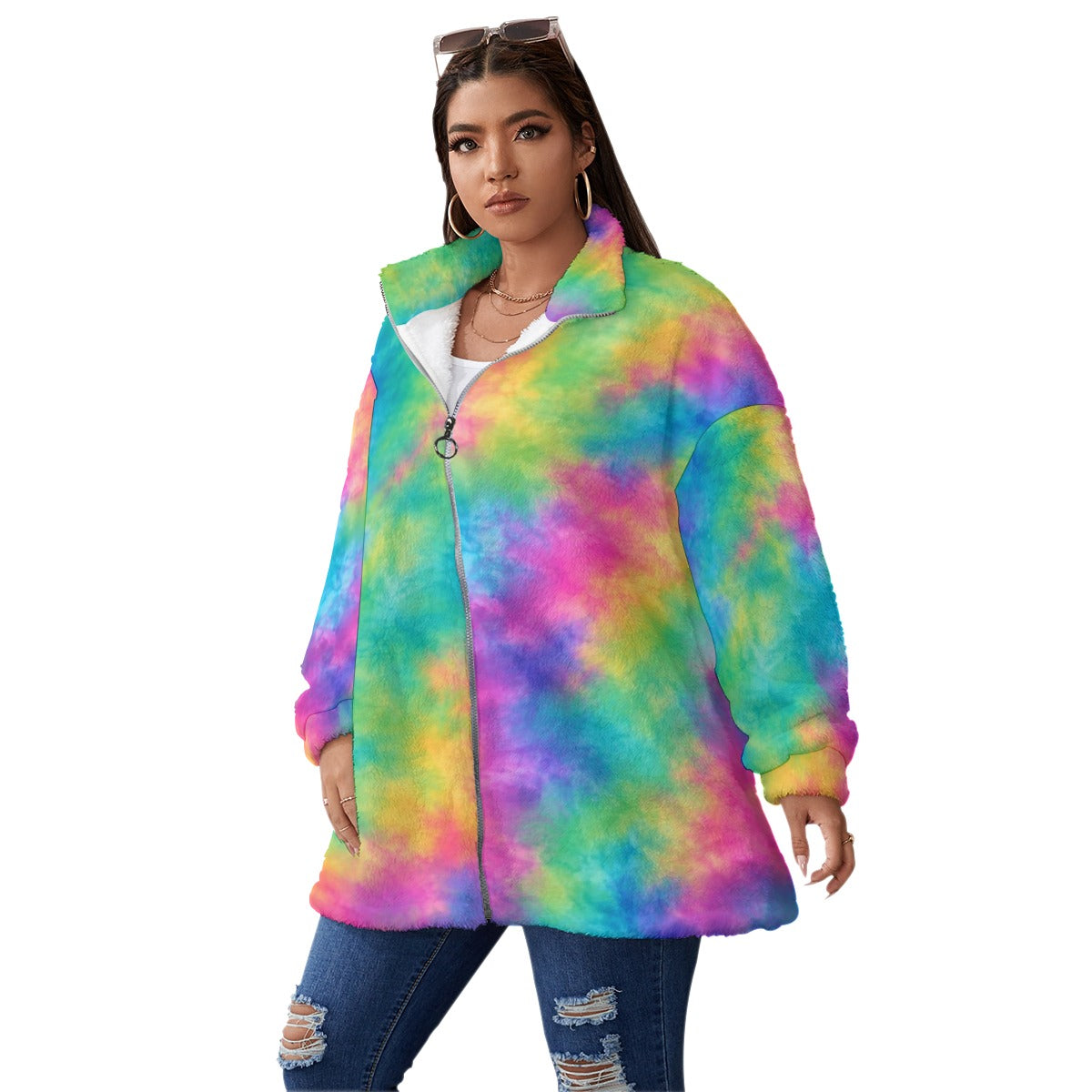 Unisex Borg-Fleece Stand-Up Collar Zip Coat — Plus Size - view 2