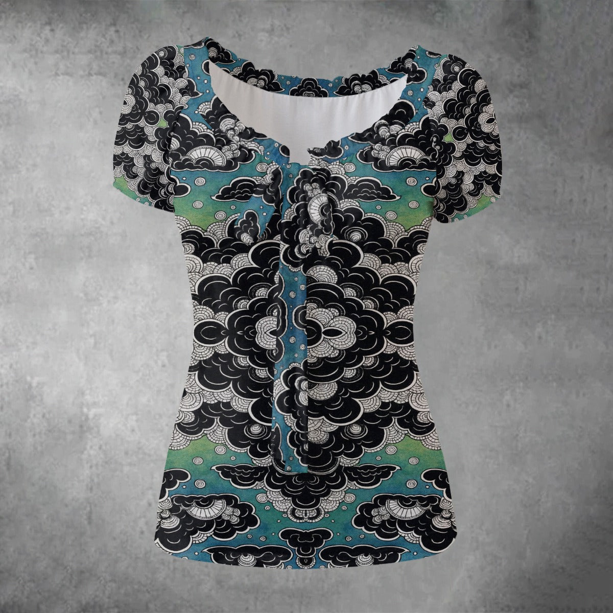 All-over print Women's Puff Sleeve Pleated Shirt