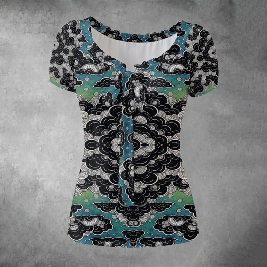 All-over print Women's Puff Sleeve Pleated Shirt