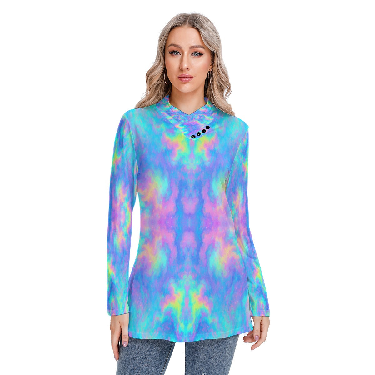 Women's Long-sleeved Heap-neck Slim Casual Tunic Blouse