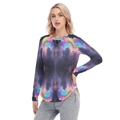 Women's Raglan Sleeves U-Shaped Hem Long Sleeves Blouse