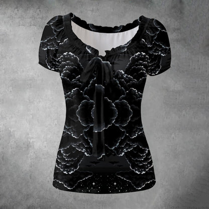 All-over print Women's Puff Sleeve Pleated Shirt