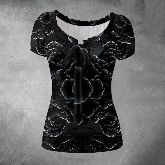 All-over print Women's Puff Sleeve Pleated Shirt