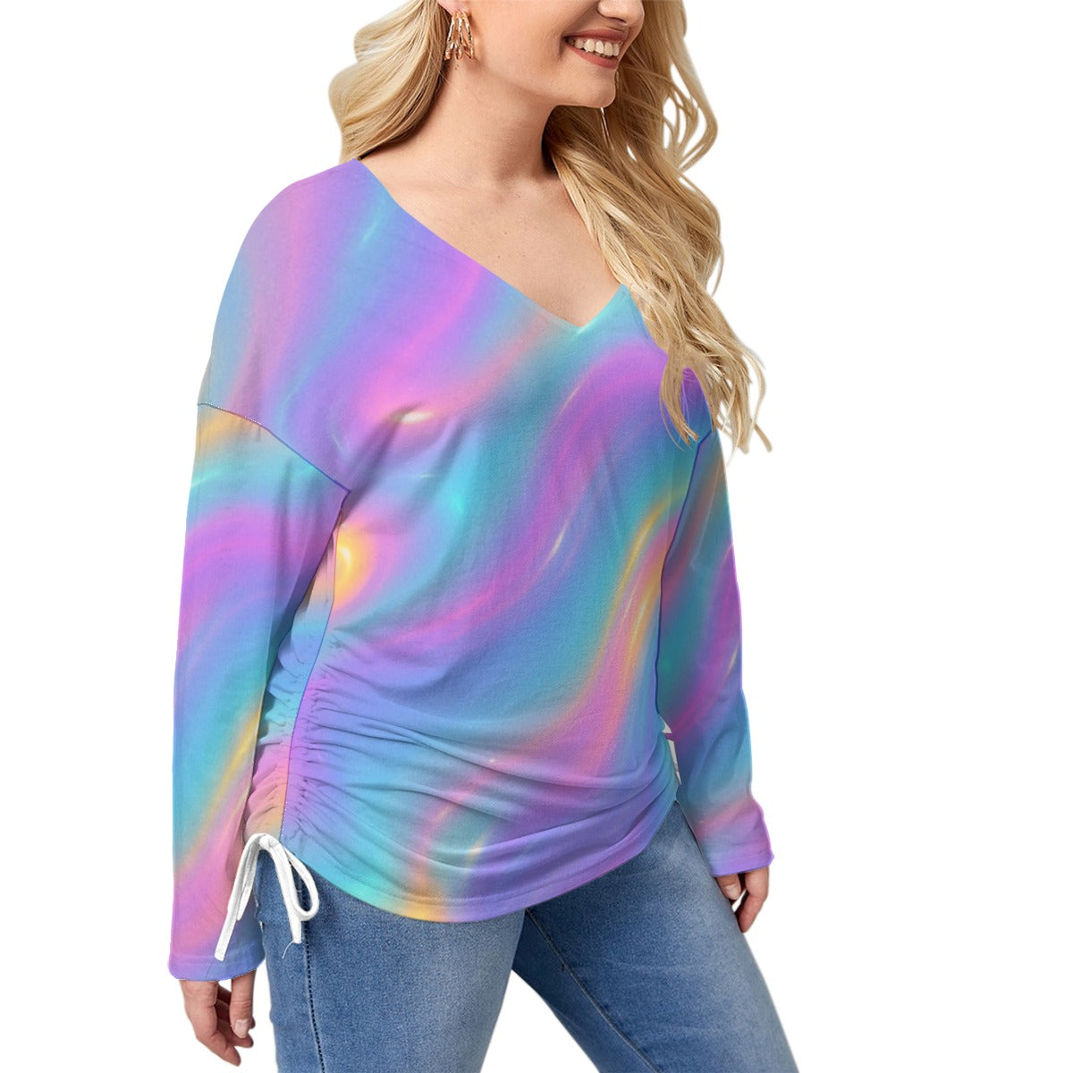 Unisex Women’s V-neck T-shirt With Side Drawstring(Plus Size)