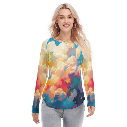 Women's Raglan Sleeves U-Shaped Hem Long Sleeves Blouse