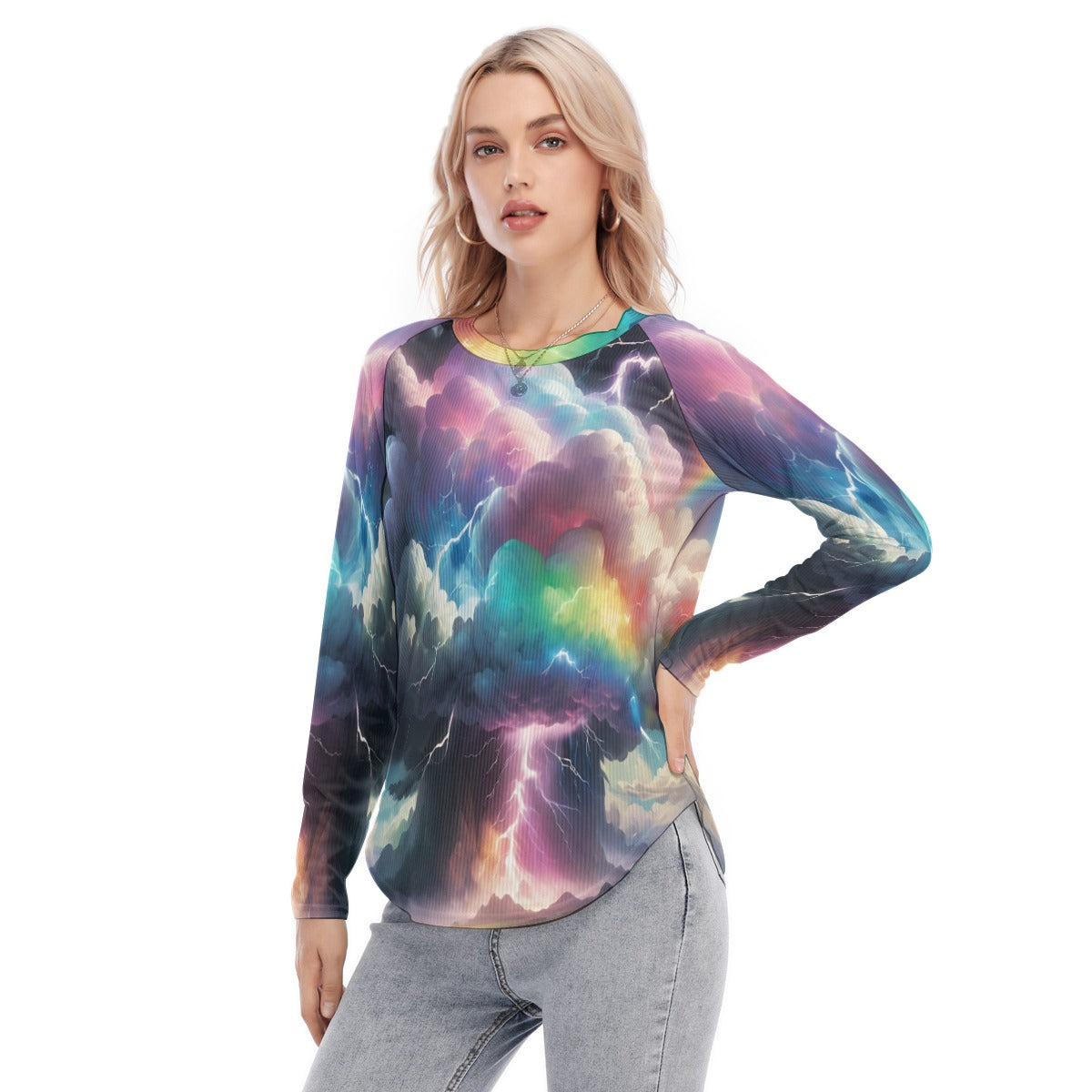 Women's Raglan Sleeves U-Shaped Hem Long Sleeves Blouse