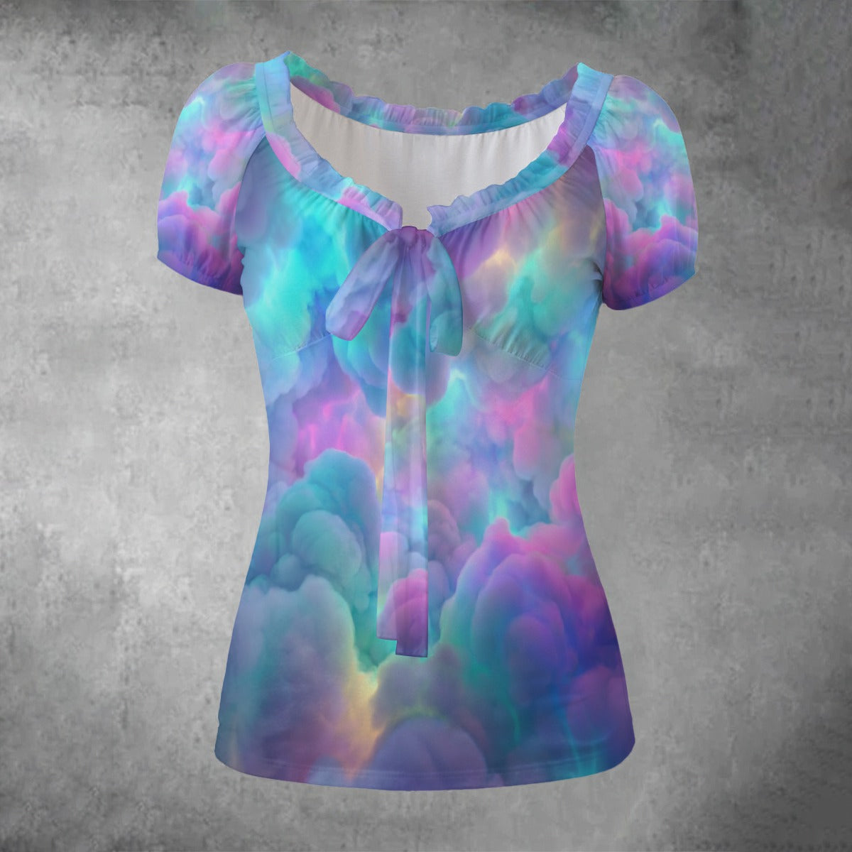 All-over print Women's Puff Sleeve Pleated Shirt