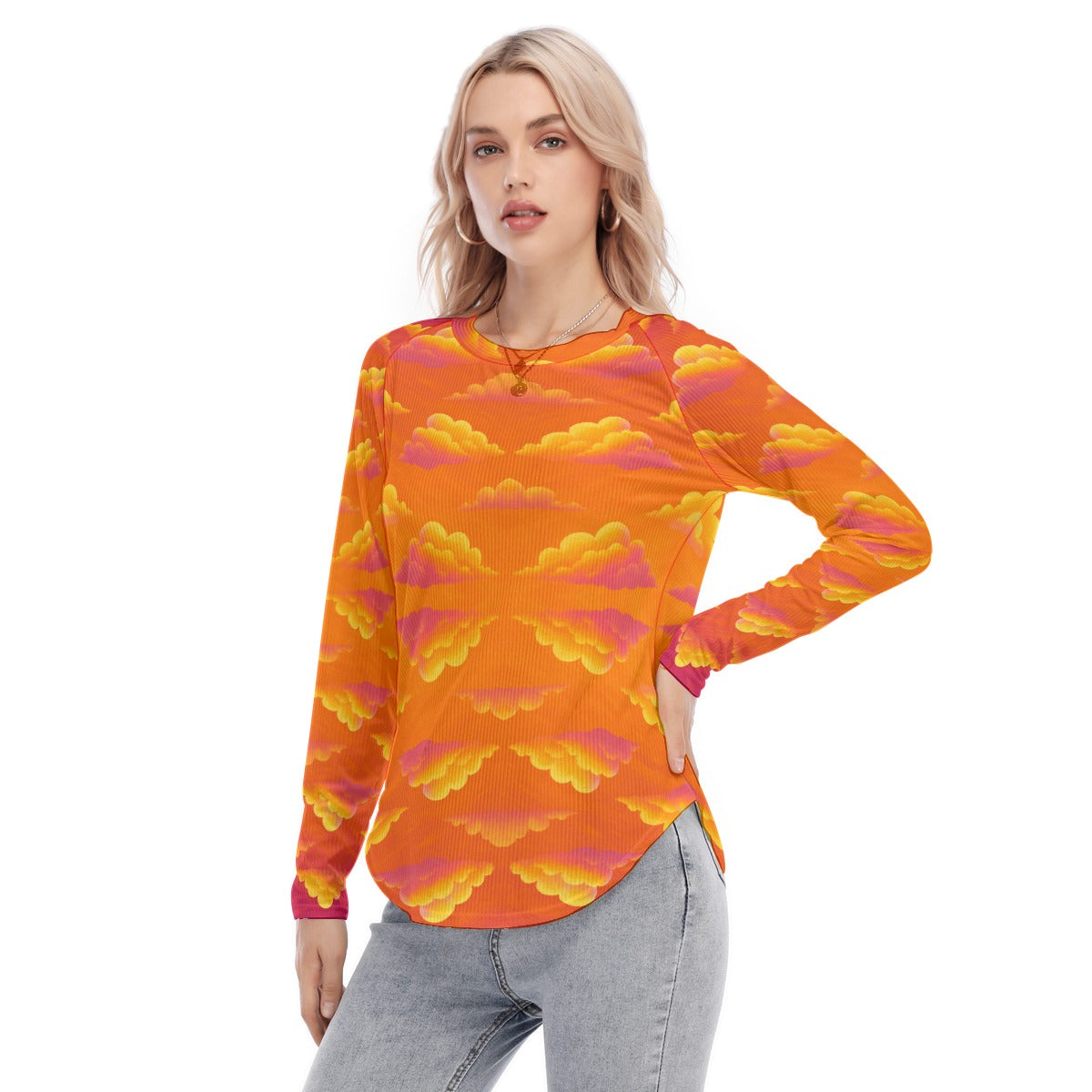 Women's Raglan Sleeves U-Shaped Hem Long Sleeves Blouse