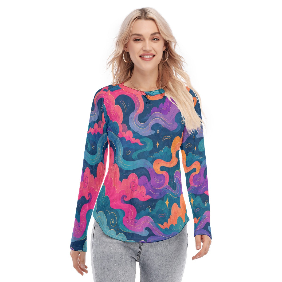 Women's Raglan Sleeves U-Shaped Hem Long Sleeves Blouse