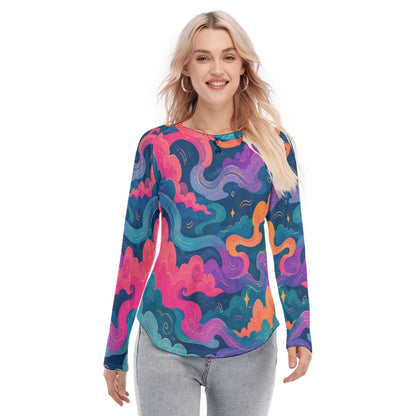 Women's Raglan Sleeves U-Shaped Hem Long Sleeves Blouse