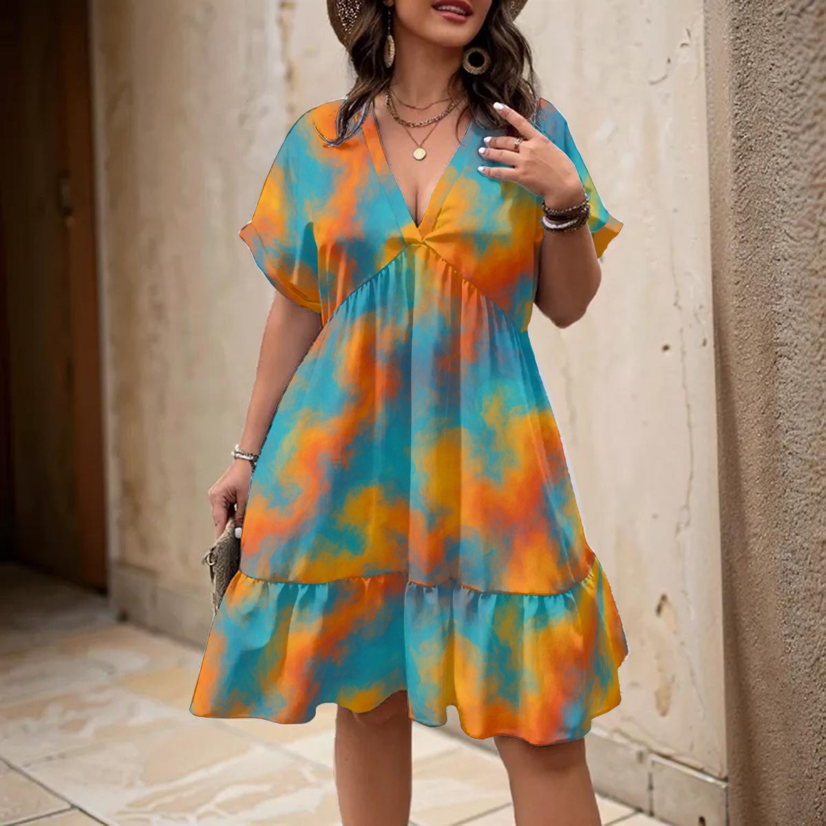 Unisex Women’s Floral V-Neck Short Sleeve Dress