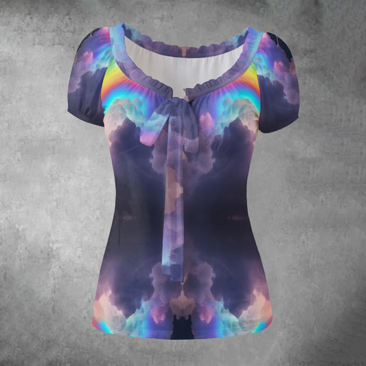 All-over print Women's Puff Sleeve Pleated Shirt