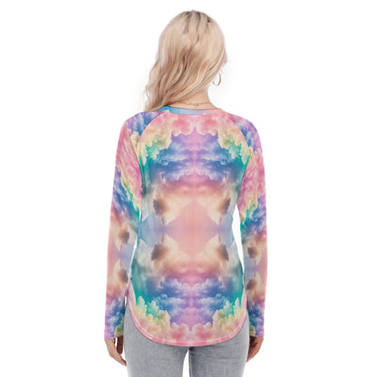 Women's Raglan Sleeves U-Shaped Hem Long Sleeves Blouse