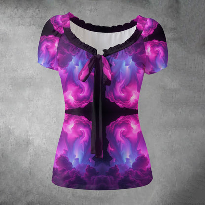 All-over print Women's Puff Sleeve Pleated Shirt