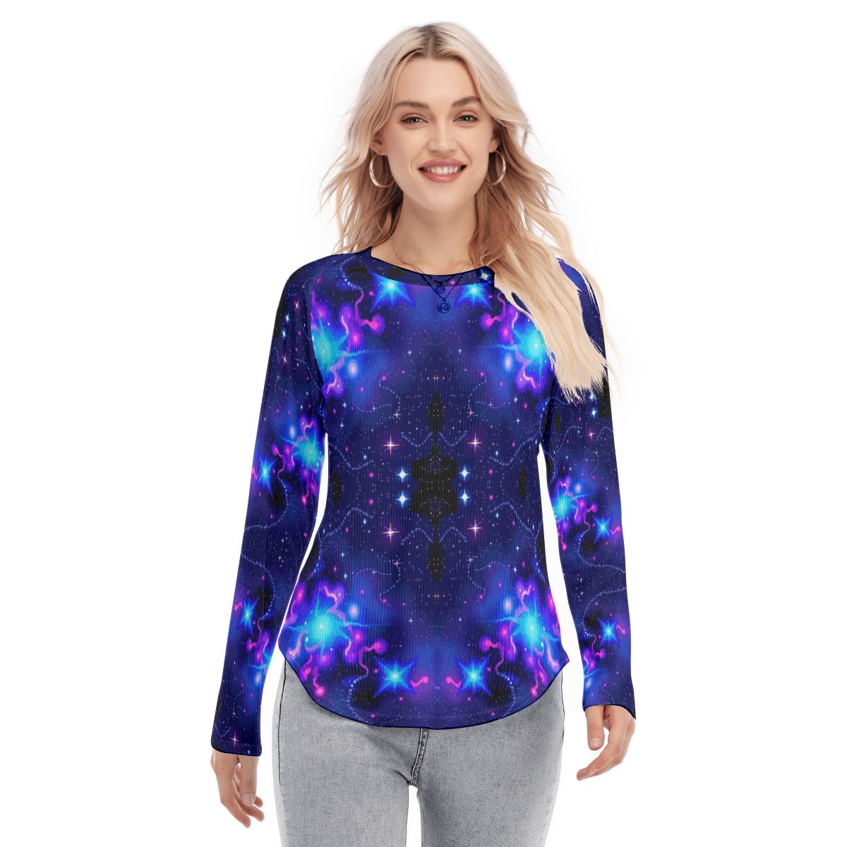 Women's Raglan Sleeves U-Shaped Hem Long Sleeves Blouse
