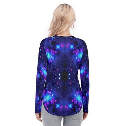 Women's Raglan Sleeves U-Shaped Hem Long Sleeves Blouse
