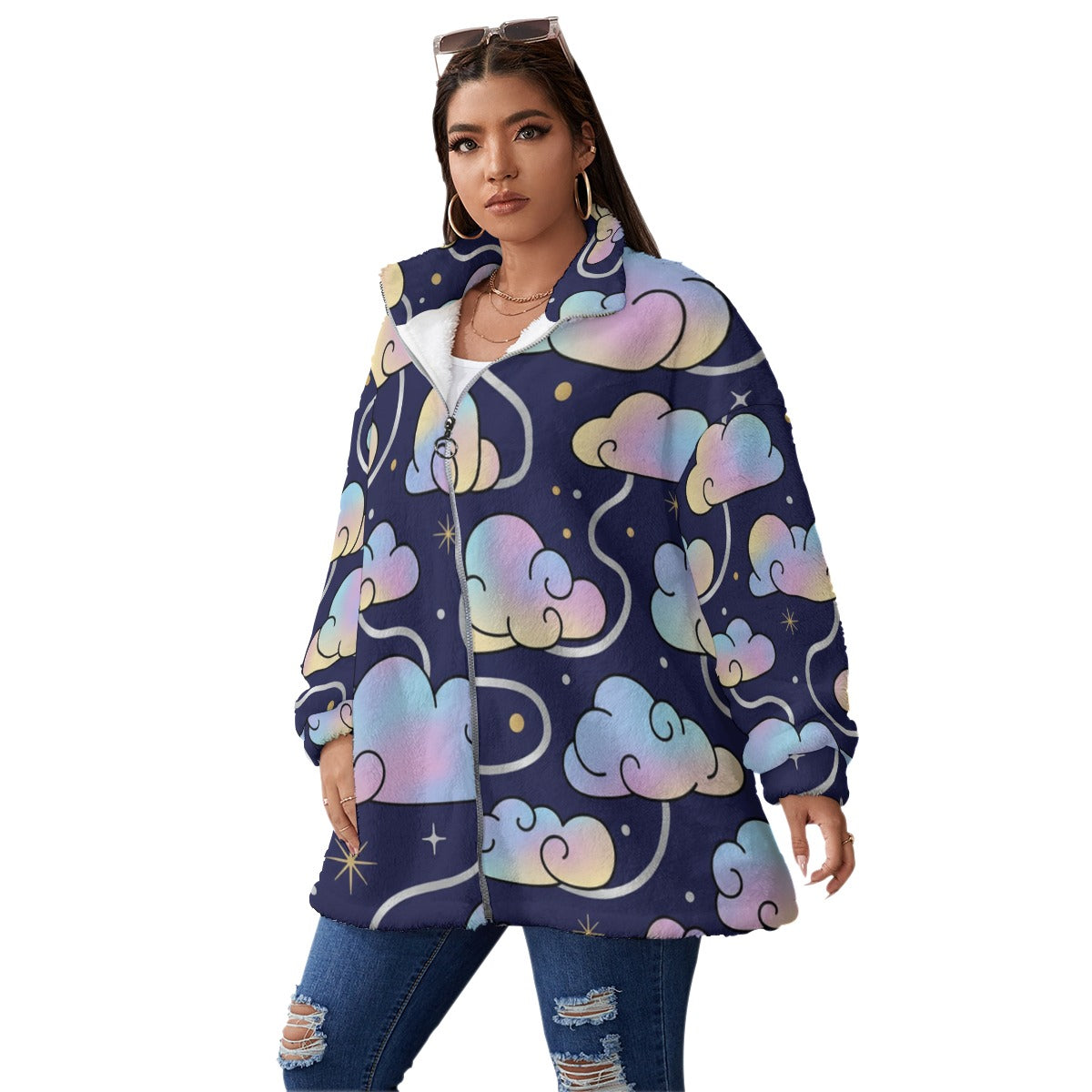 Unisex Borg Fleece Stand-up Collar Coat With Zipper Closure(Plus Size)
