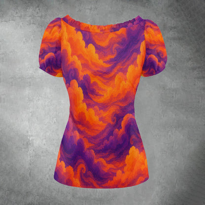 All-over print Women's Puff Sleeve Pleated Shirt