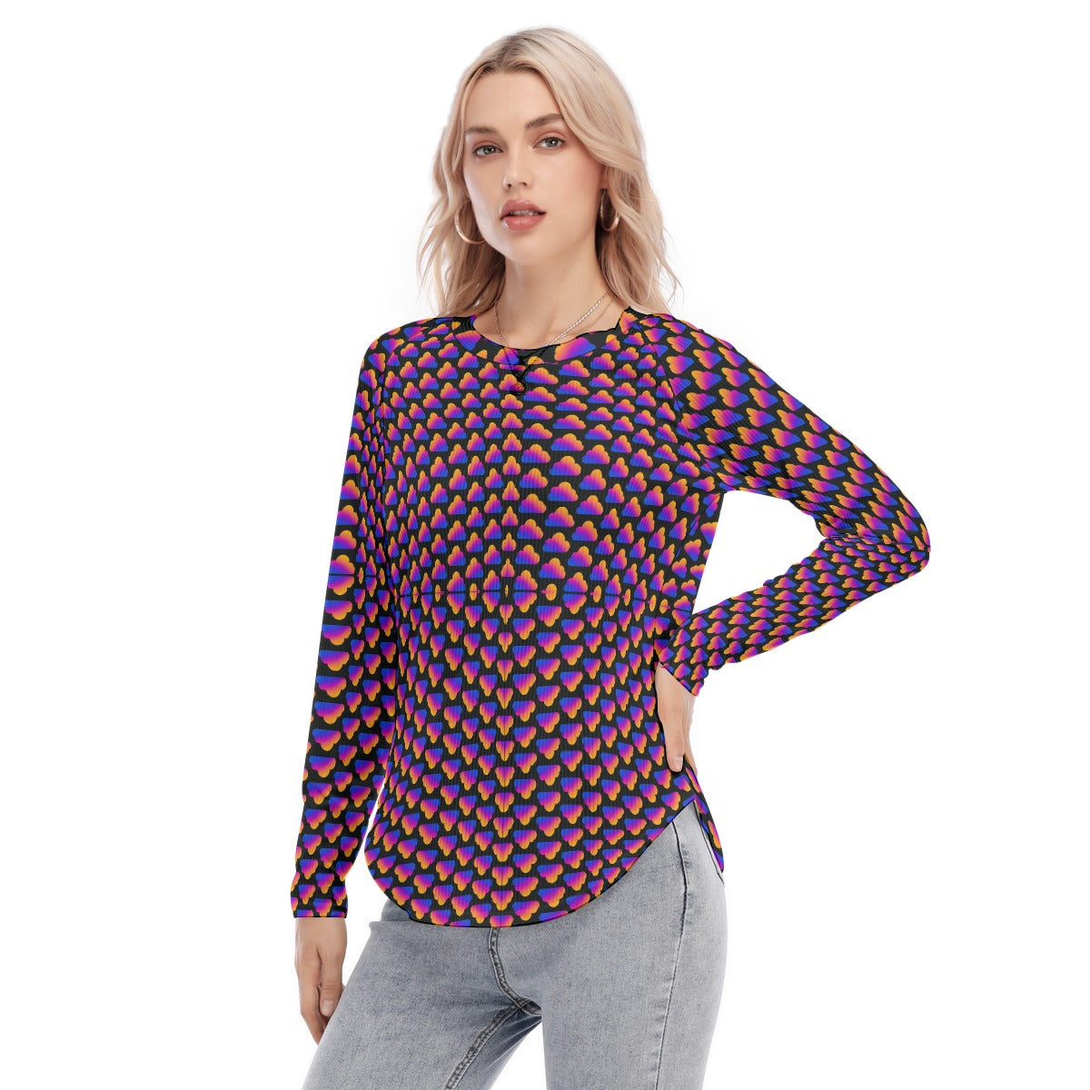Women's Raglan Sleeves U-Shaped Hem Long Sleeves Blouse