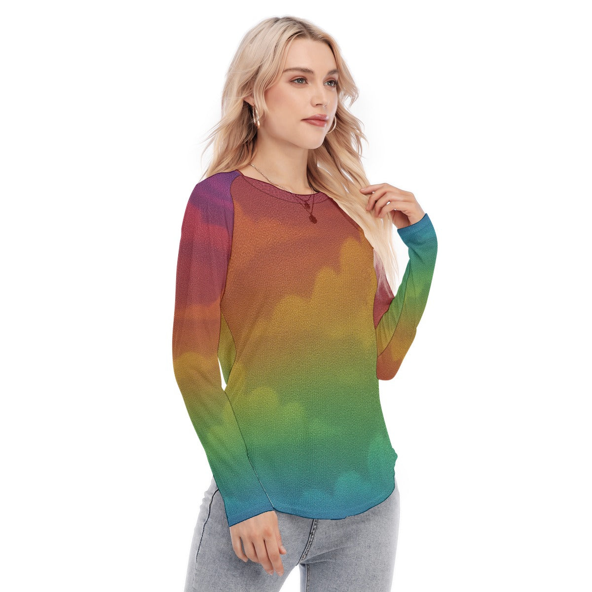 Women's Raglan Sleeves U-Shaped Hem Long Sleeves Blouse