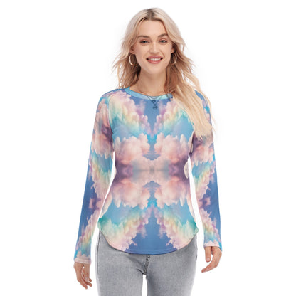 Women's Raglan Sleeves U-Shaped Hem Long Sleeves Blouse