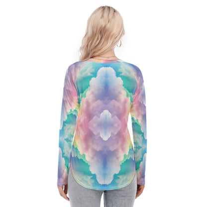 Women's Raglan Sleeves U-Shaped Hem Long Sleeves Blouse