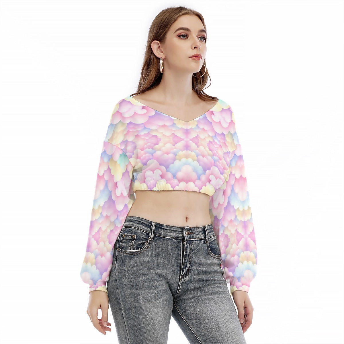 Women's V-neck Long Sleeve Cropped Sweatshirt
