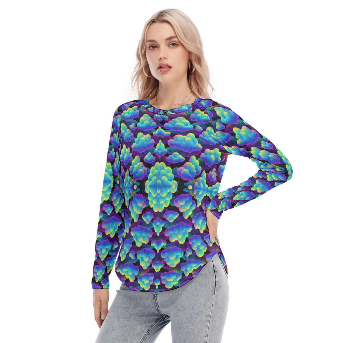 Women's Raglan Sleeves U-Shaped Hem Long Sleeves Blouse