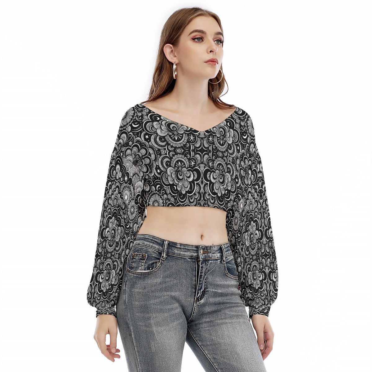 Women's V-neck Long Sleeve Cropped Sweatshirt