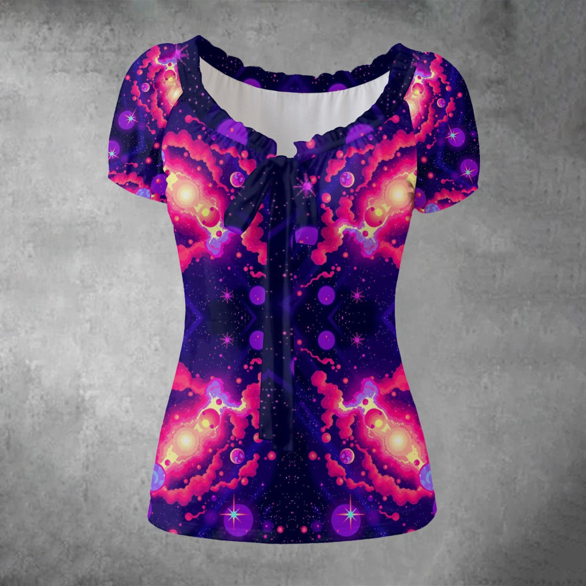 All-over print Women's Puff Sleeve Pleated Shirt