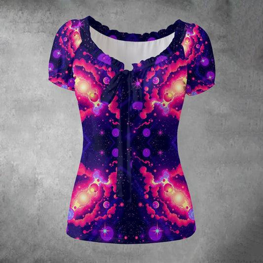 All-over print Women's Puff Sleeve Pleated Shirt
