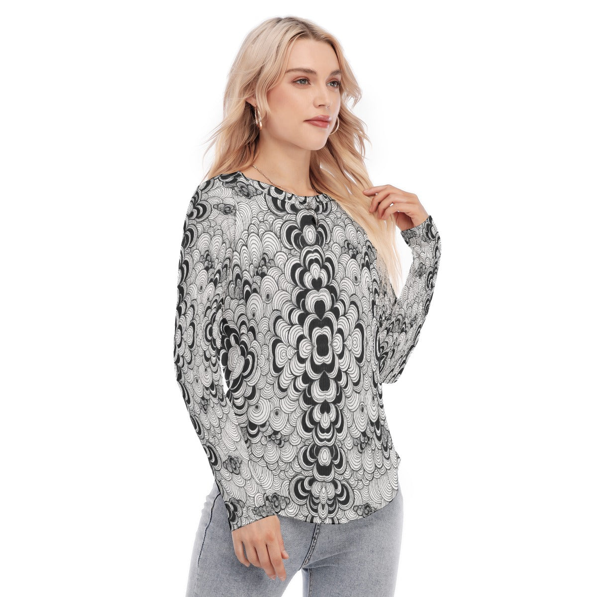Women's Raglan Sleeves U-Shaped Hem Long Sleeves Blouse