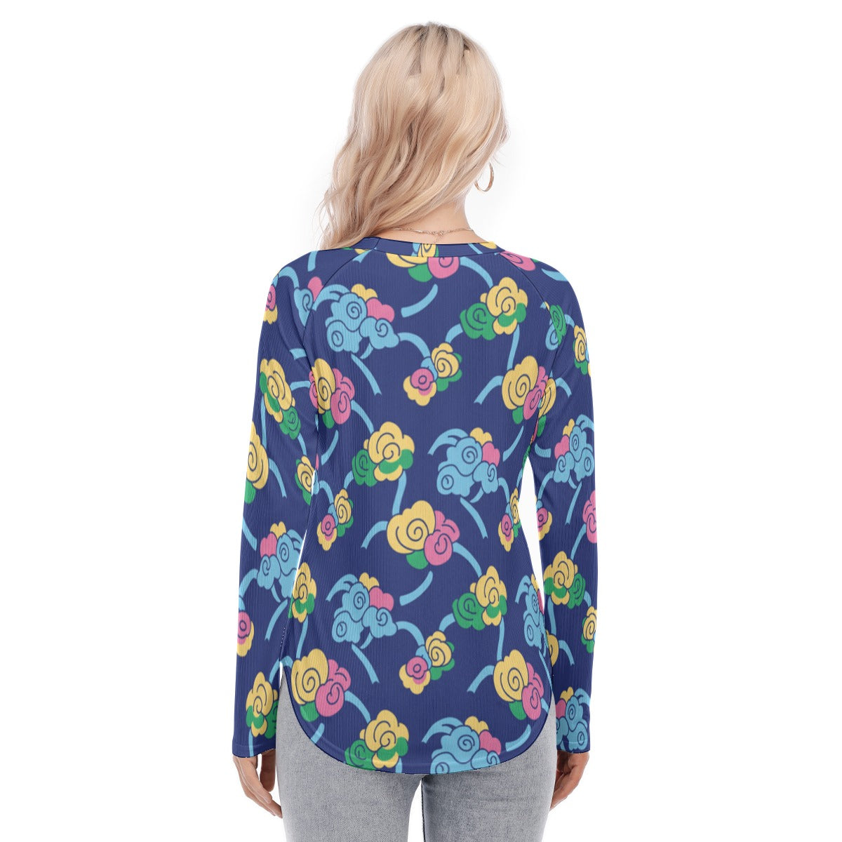 Women's Raglan Sleeves U-Shaped Hem Long Sleeves Blouse