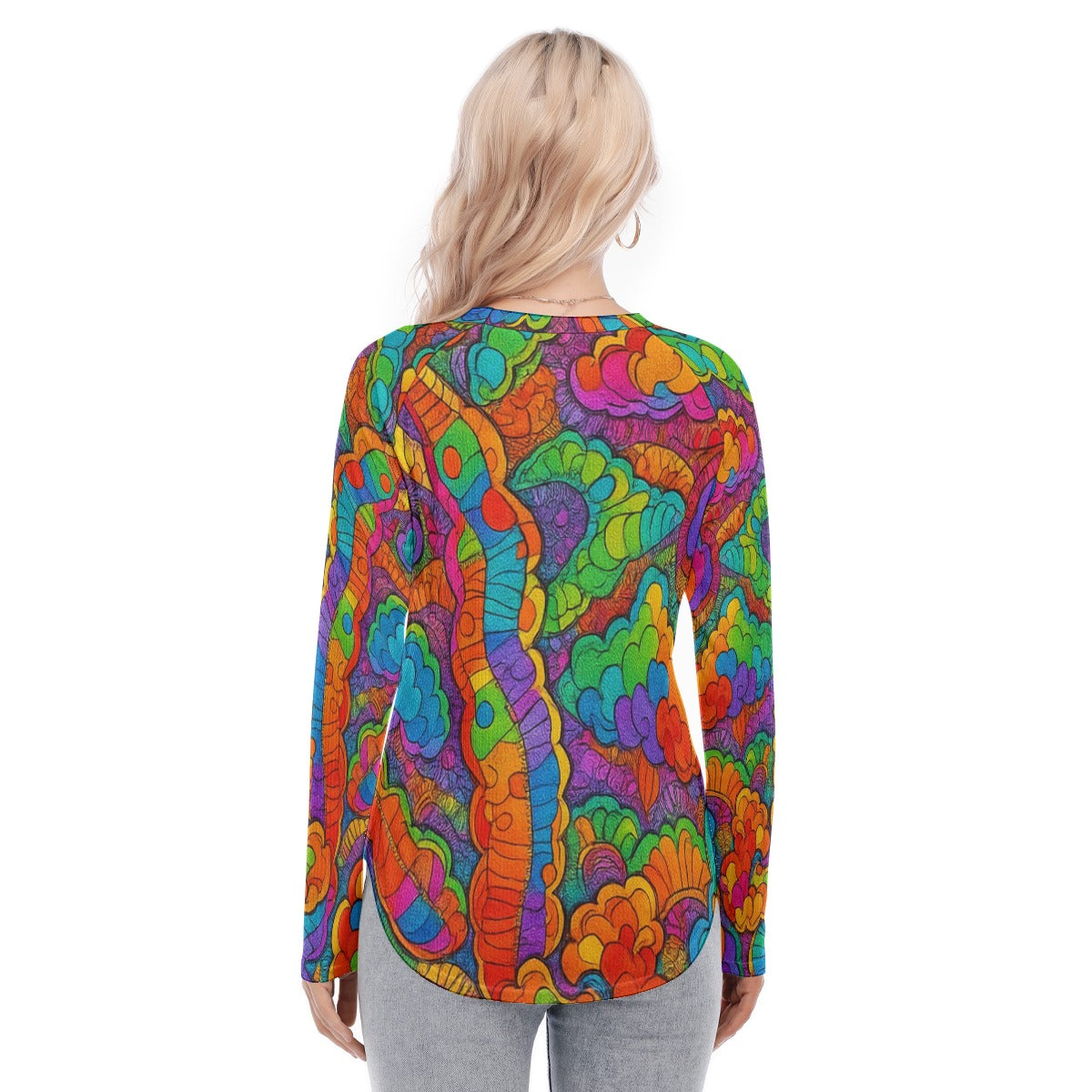 Women's Raglan Sleeves U-Shaped Hem Long Sleeves Blouse