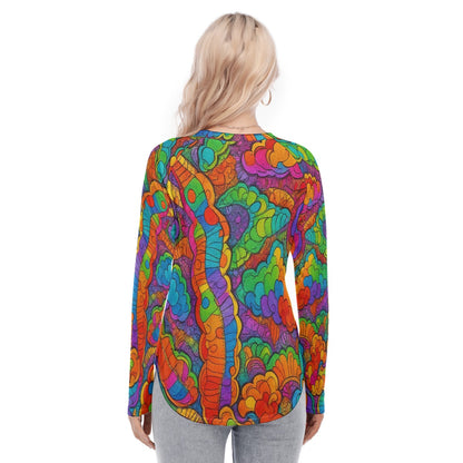 Women's Raglan Sleeves U-Shaped Hem Long Sleeves Blouse