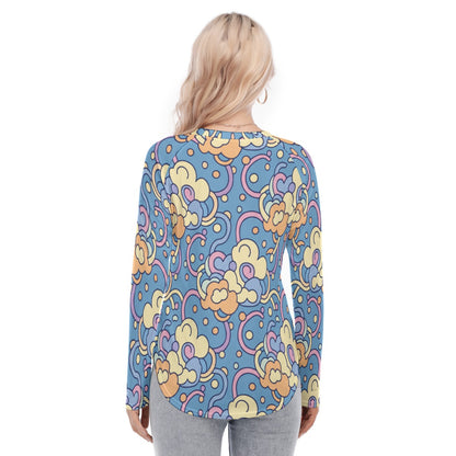 Women's Raglan Sleeves U-Shaped Hem Long Sleeves Blouse