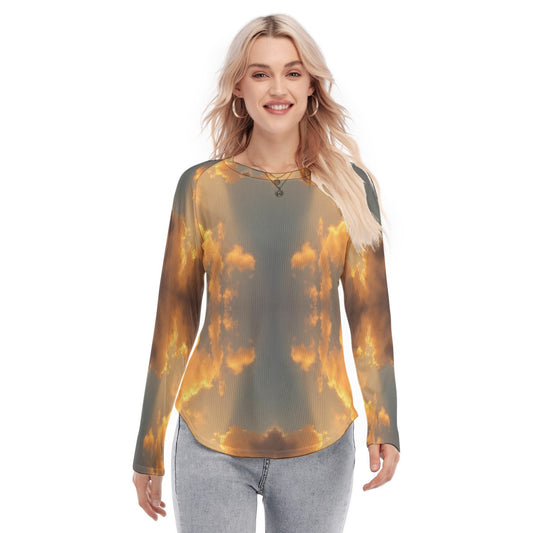 Women's Raglan Sleeves U-Shaped Hem Long Sleeves Blouse