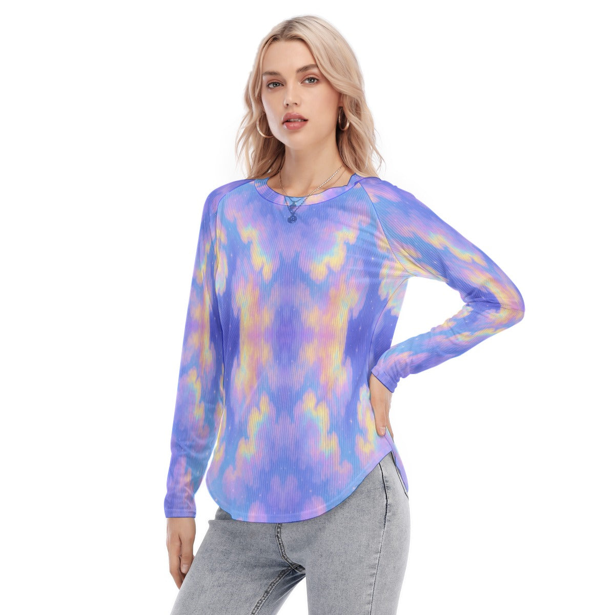 Women's Raglan Sleeves U-Shaped Hem Long Sleeves Blouse