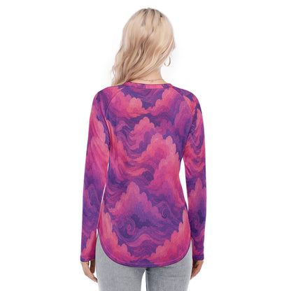Women's Raglan Sleeves U-Shaped Hem Long Sleeves Blouse