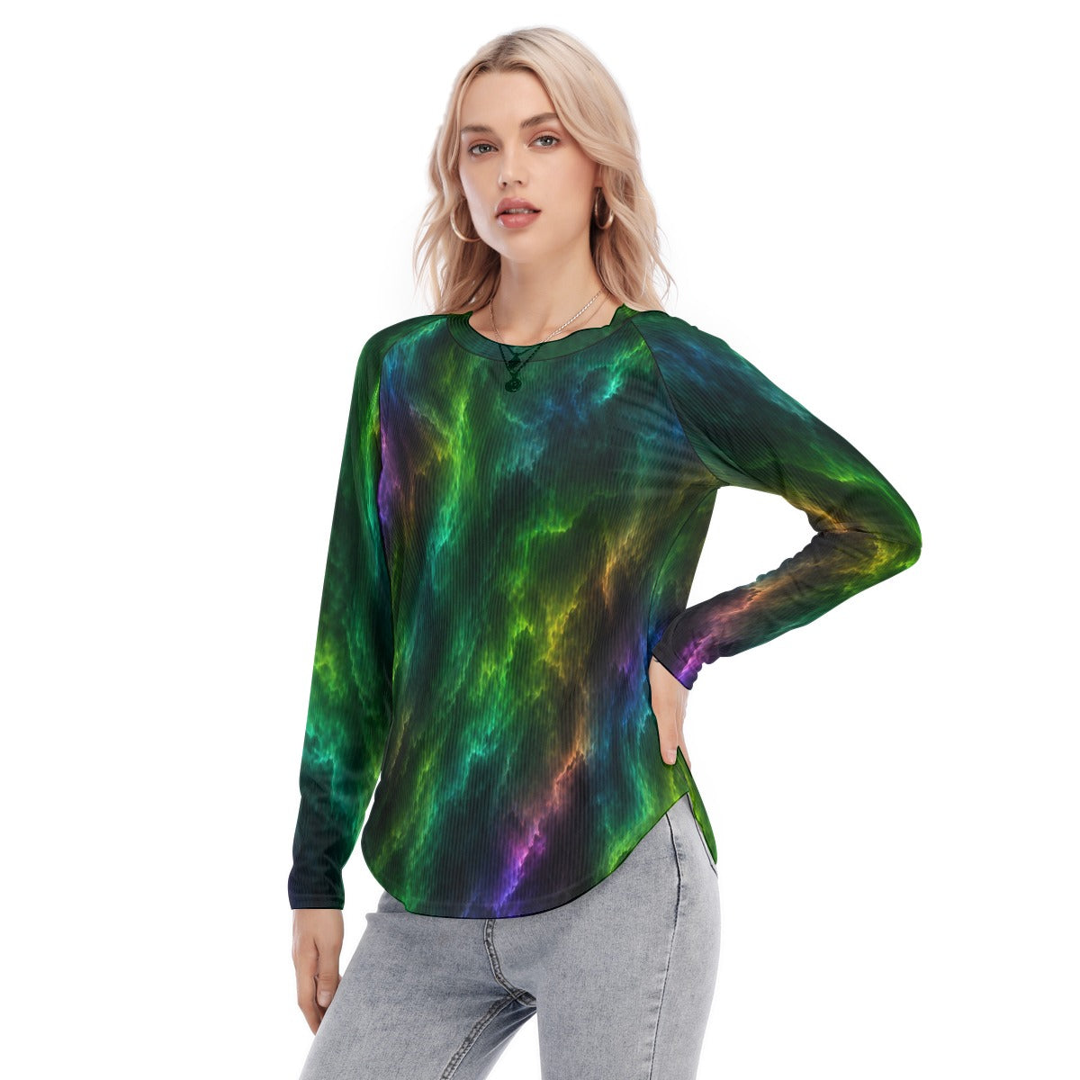 Women's Raglan Sleeves U-Shaped Hem Long Sleeves Blouse