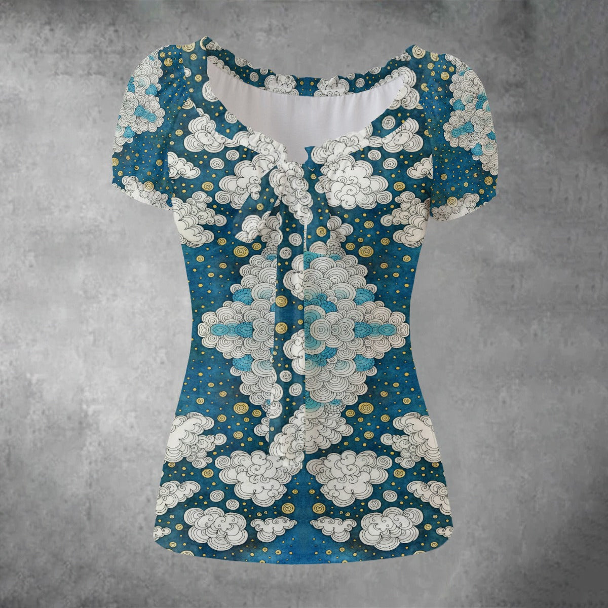 All-over print Women's Puff Sleeve Pleated Shirt