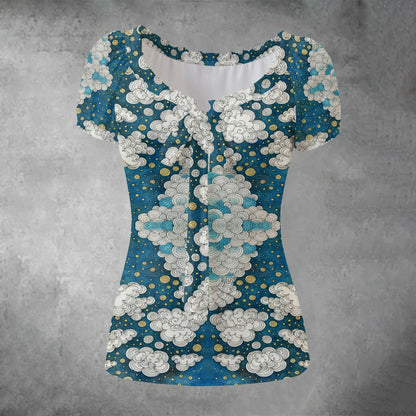 All-over print Women's Puff Sleeve Pleated Shirt