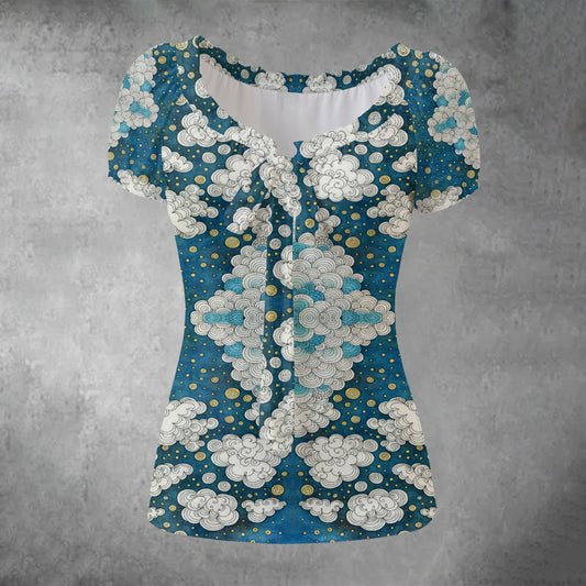 All-over print Women's Puff Sleeve Pleated Shirt